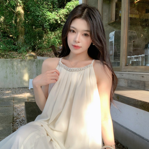 ByYou 夏季长款不规则白色吊带上衣套装女轻薄高腰半身长裙两件套