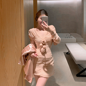 ByYou V领粉色雪纺连衣裙收腰遮肉a字包臀短裙 高级感修身 夏季 新款