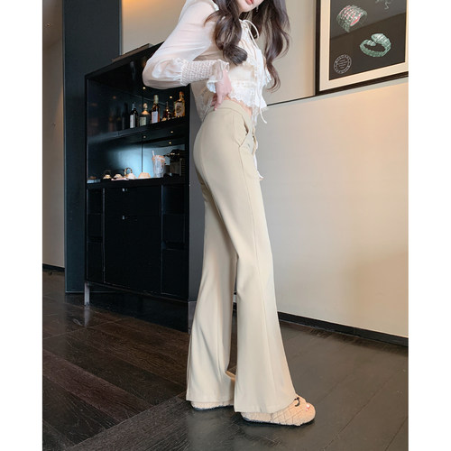 ByYou 秋季新款卡其色后开叉微喇西装裤女喇叭裤高腰修身休闲长裤