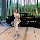 春季 新款 气质V领冰丝针织连衣裙女薄款 ByYou 收腰显瘦中长款 裙子