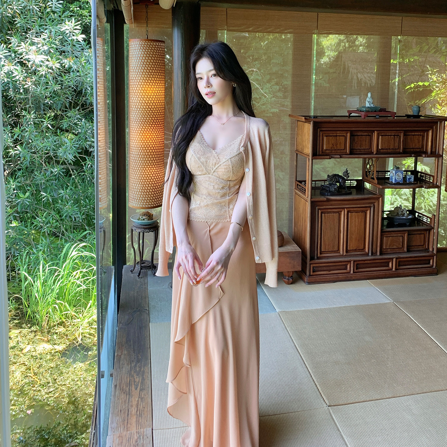 ByYou 薄款针织开衫外套粉色套装女夏蕾丝吊带上衣半身长裙三件套