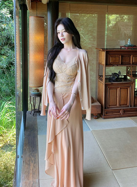 ByYou 薄款针织开衫外套粉色套装女夏蕾丝吊带上衣半身长裙三件套