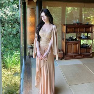 ByYou 薄款针织开衫外套粉色套装女夏蕾丝吊带上衣半身长裙三件套