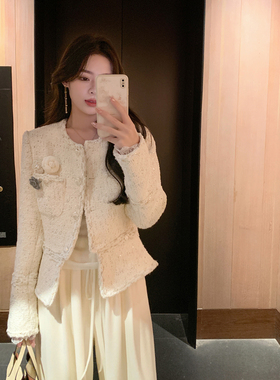 ByYou 春季新款高级感小香白色羊毛呢外套女短款气质修身呢子大衣