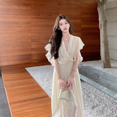 仙气天丝蝴蝶袖V领连衣裙