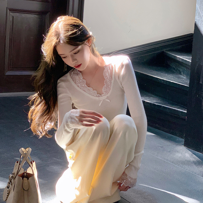 ByYou 冬季新款蕾丝花边V领白色针织衫女高级感长袖内搭打底上衣