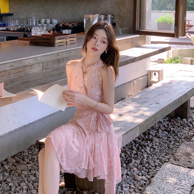 ByYou 夏季粉色V领露肩挂脖雪纺碎花连衣裙短款收腰露背a字仙女裙