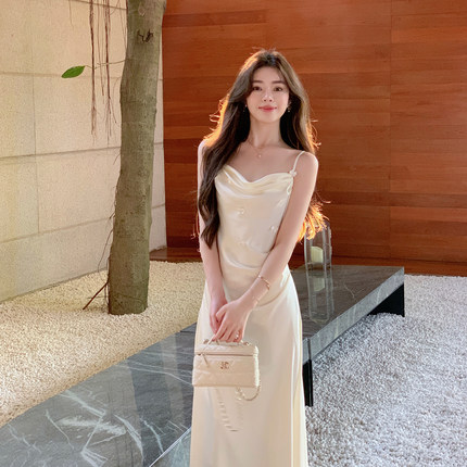 ByYou 夏季白色荡领醋酸缎面吊带连衣裙长款收腰高级感露肩包臀裙