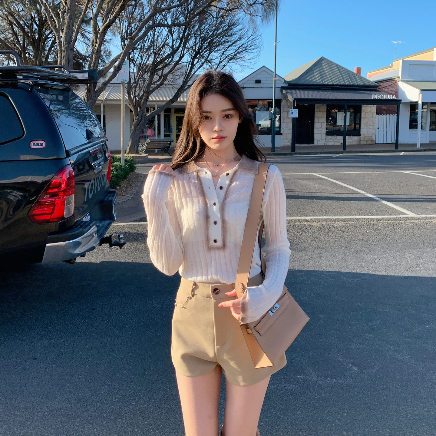 ByYou 冬季拼色polo领白色马海毛针织衫女长袖毛衣软糯内搭打底衫