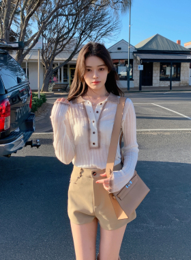 ByYou 冬季拼色polo领白色马海毛针织衫女长袖毛衣软糯内搭打底衫