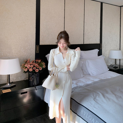 ByYou 春季白色气质V领兔绒针织连衣裙女收腰显瘦中长款开叉裙子