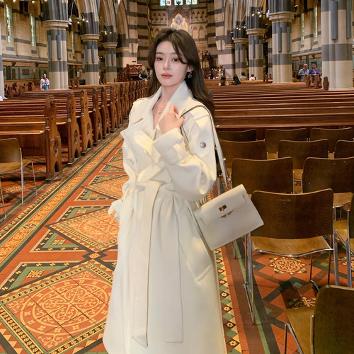 ByYou 春季薄款英伦风白色羊毛呢风衣外套女长款修身收腰气质大衣