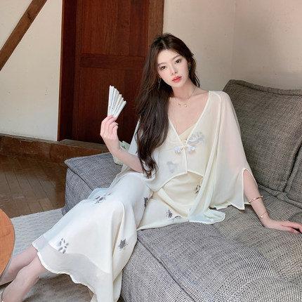 ByYou初夏新中式v领白色雪纺防晒罩衫外套女薄纱开衫披肩外搭上衣