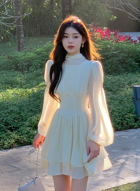 ByYou 夏季气质杏白色半高领泡泡袖雪纺连衣裙短款收腰显瘦仙女裙