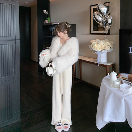 ByYou 冬季新款仿貂绒保暖针织休闲裤女宽松阔腿裤显瘦垂感拖地裤