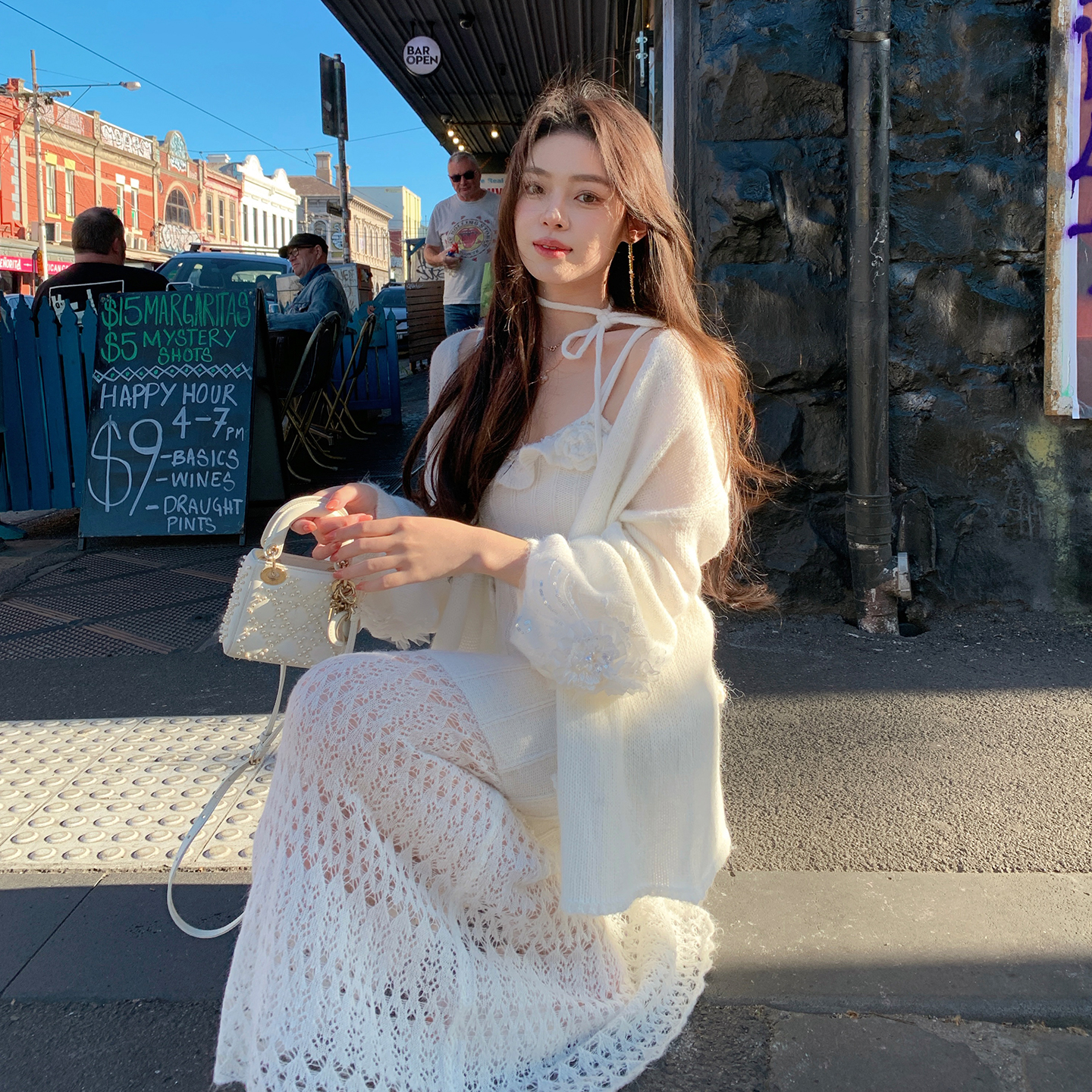 ByYou 白色羊毛针织开衫外套两件套装女冬长款吊带毛衣内搭连衣裙