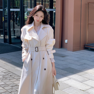 ByYou 秋季新款翻领双排扣白色风衣外套女中长款气质收腰休闲大衣