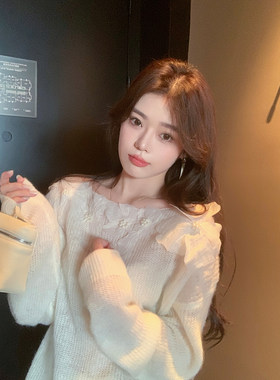 ByYou 冬季珍珠花片白色内搭马海毛毛衣女宽松打底羊毛针织衫上衣