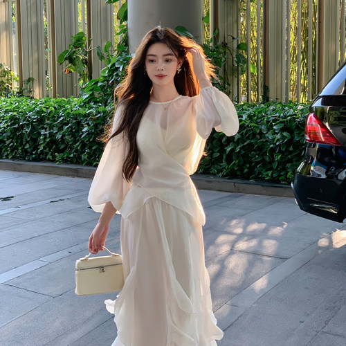 ByYou 夏季灯笼袖白色天丝罩衫上衣三件套装女吊带大摆荷叶裙长裙