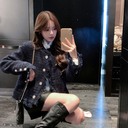 ByYou 冬季千金风藏青色小香毛呢外套女短款羽绒内胆保暖呢子大衣