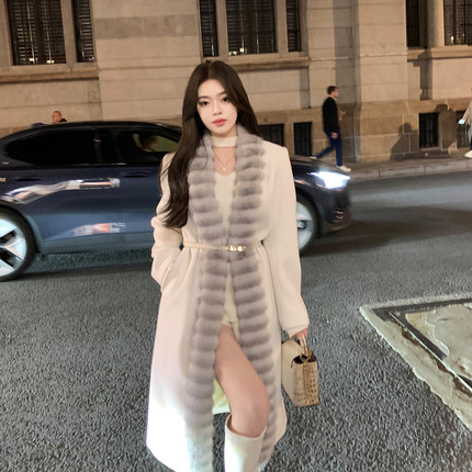 ByYou 冬季仿貂绒皮草大毛领白色毛呢外套女长款加厚羊绒呢子大衣