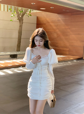 ByYou 夏季新款高级感缎面白色连衣裙收腰泡泡袖公主裙法式短裙子