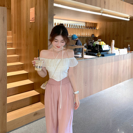 ByYou 白色一字肩荷叶边衬衫女夏短款修身显瘦设计感挂脖纯欲衬衣