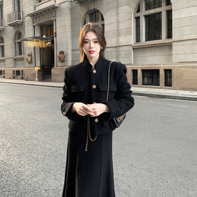 ByYou 2025新款加厚夹棉黑色羊毛小香毛呢外套女短款立领气质大衣