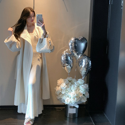 ByYou 冬季高端双面呢立领白色羊毛大衣女中长款收腰气质毛呢外套