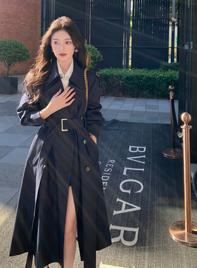 ByYou 春季新款英伦风深蓝色收腰风衣外套女显瘦过膝长款休闲大衣