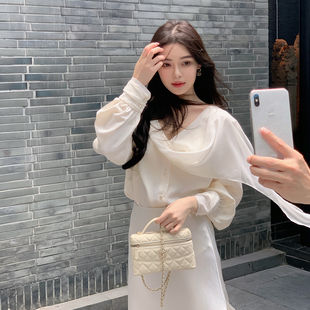 ByYou 冬季灯笼袖荡领白色缎面拼接雪纺衬衫上衣女高级感长袖衬衣