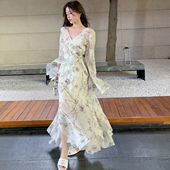 仙女长裙 国风白色V领印花连衣裙两件套收腰喇叭袖 ByYou夏季 新中式
