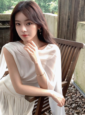ByYou 夏季新款白色雪纺飘带领缎面无袖背心女高级感收腰露肩上衣