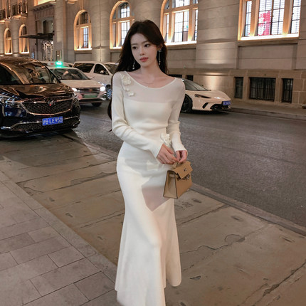 ByYou 2025新款白色长袖羊毛针织鱼尾连衣裙气质收腰显瘦包臀长裙
