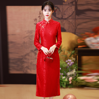 2025秋新款改良旗袍敬酒服回娘家红色结婚订婚新中式礼服长袖