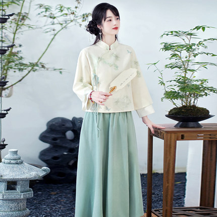 拍新中式国风秋冬新品柔软绒面刺绣立领修身长袖上衣茶服套装