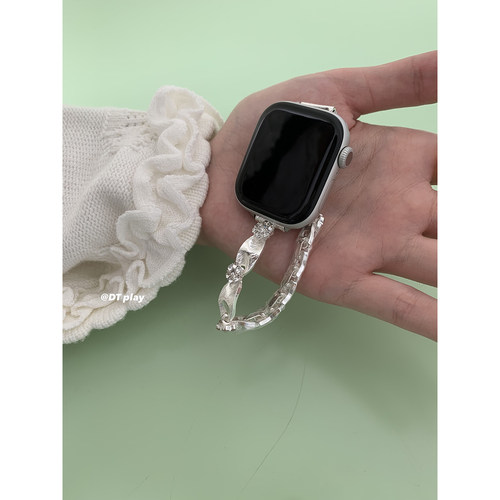 DT play 银色纹理花朵适用于苹果iwatchs11女表带applewatchs10/9