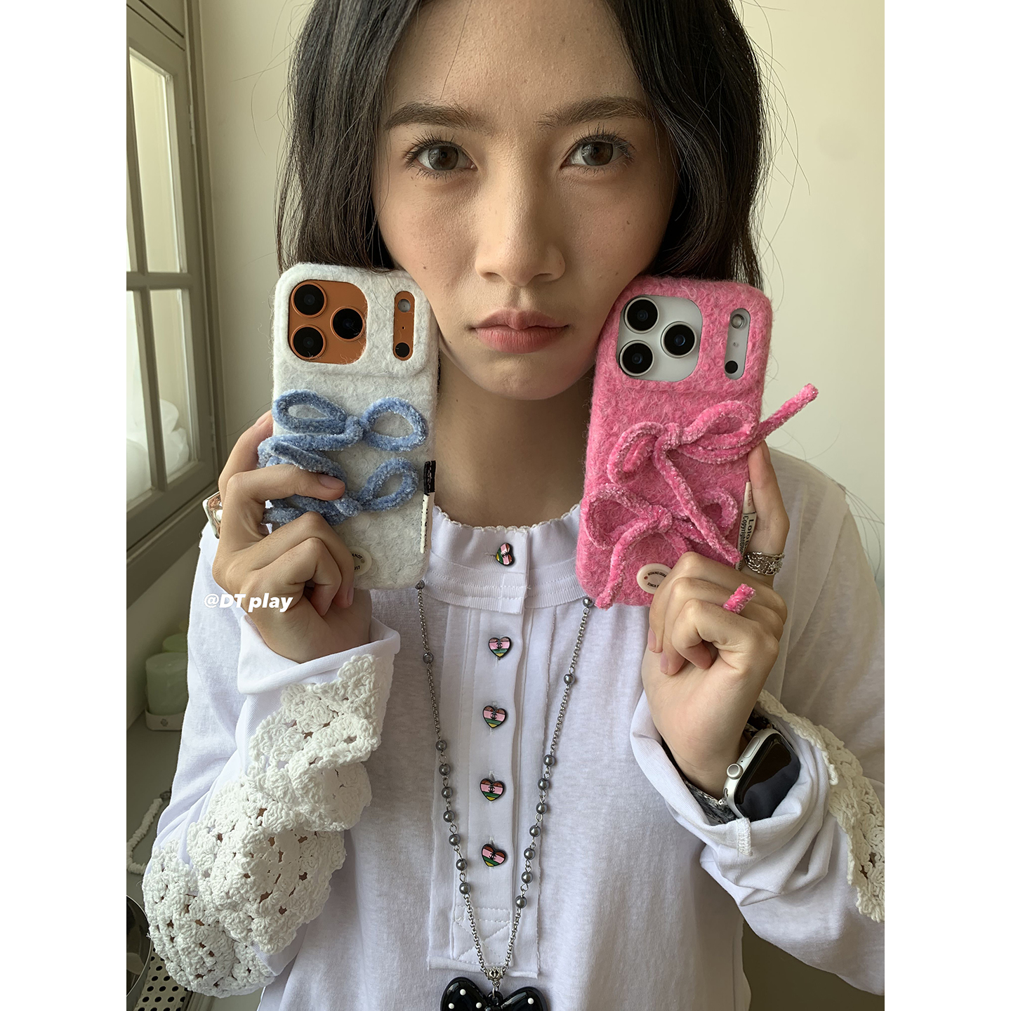 DT play 秋冬毛绒蝴蝶结可爱小心机韩国ins博主小众设计适用于iphone17promax/16/15苹果14/13手机壳保护套