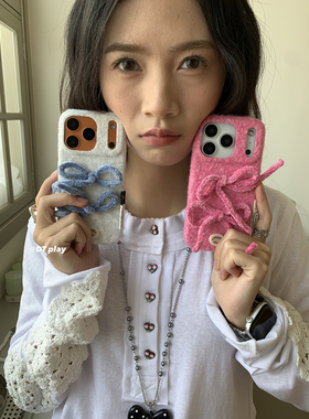 DT play 秋冬毛绒蝴蝶结可爱小心机韩国ins博主小众设计适用于iphone17promax/16/15苹果14/13手机壳保护套
