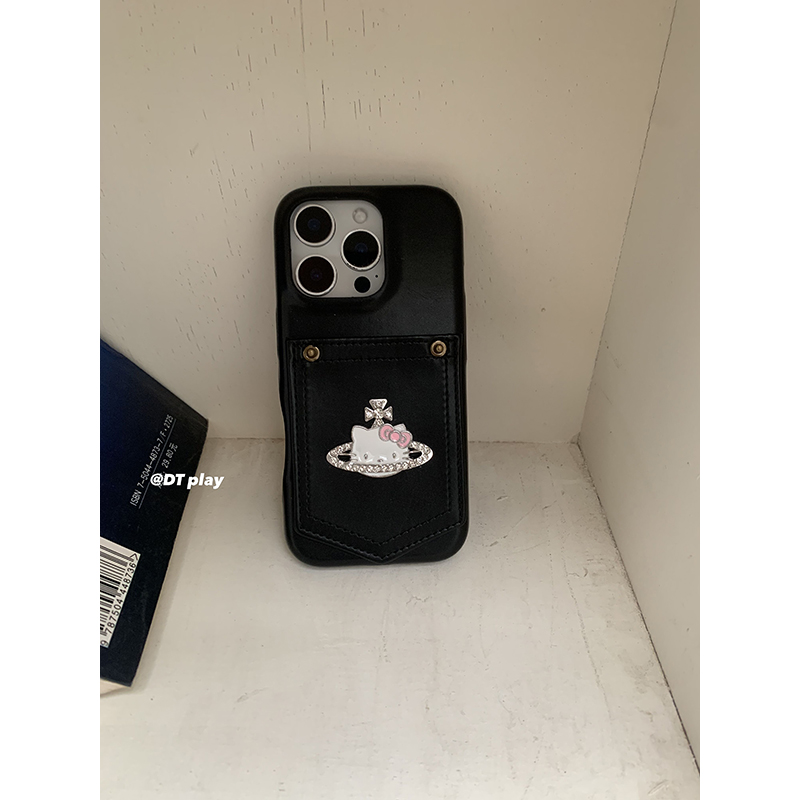 DT play 黑色高级皮质猫咪卡包简约少女韩国ins风小众博主适用于iphone17/16promax/15/14苹果13手机壳保护套