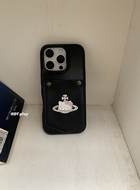 DT play 黑色高级皮质猫咪卡包简约少女韩国ins风小众博主适用于iphone17/16promax/15/14苹果13手机壳保护套
