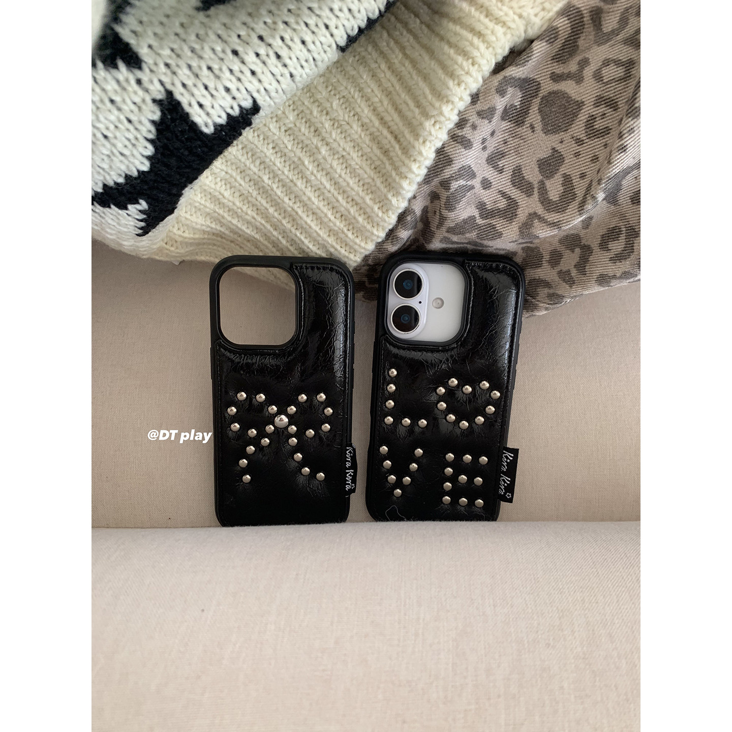 DT play 小众设计黑色油蜡皮铆钉冷淡少女秋冬韩国ins博主适用于iphone17promax/16/15苹果14/13手机壳保护套