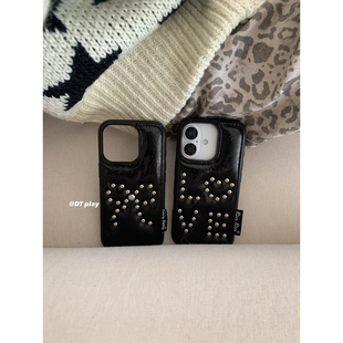 15苹果14 小众设计黑色油蜡皮铆钉冷淡少女秋冬韩国ins博主适用于iphone17promax 13手机壳保护套 play