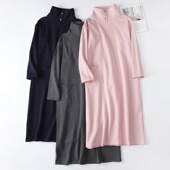 女士可外穿纯棉护颈睡衣全棉高领睡裙宽松大码 长袖 简约家居服厚