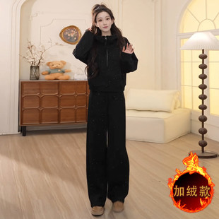 连帽卫衣直筒长裤 时尚 双口袋拉链开衫 女秋冬款 两件套 休闲运动套装
