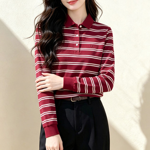 棉质条纹polo衫女长袖 春秋翻领刺绣T恤修身显瘦休闲通勤打底上衣