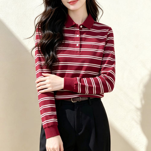 棉质条纹polo衫女长袖 春秋翻领刺绣T恤修身显瘦休闲通勤打底上衣