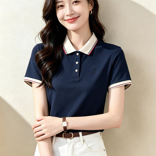 撞色POLO领短袖纯棉显瘦T恤女
