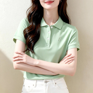 新款 纯棉正肩修身 2026夏季 T恤女 刺绣翻领减龄百搭上衣 POLO领短袖
