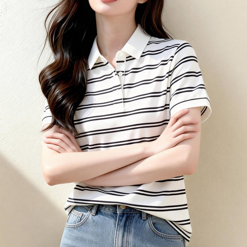 夏季纯棉显瘦条纹POLO衫女短袖